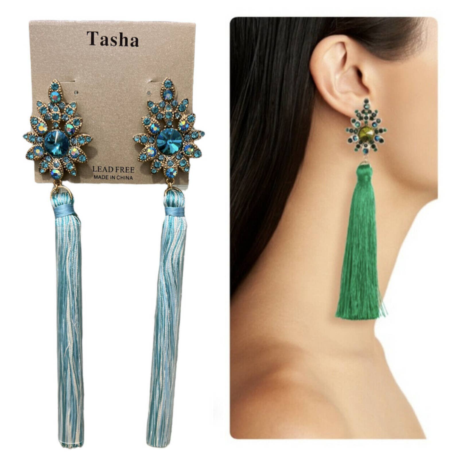 Tasha Beaded Post Tassel Drop Earrings - Blue Multi